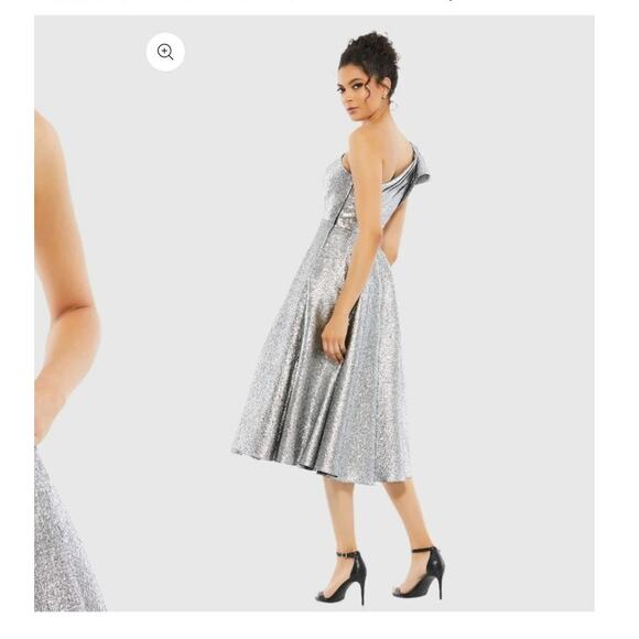 Mac Duggal 67906 Silver 4 One Shoulder Brocade Bow Midi Dress Evening Metallic - Picture 8 of 10